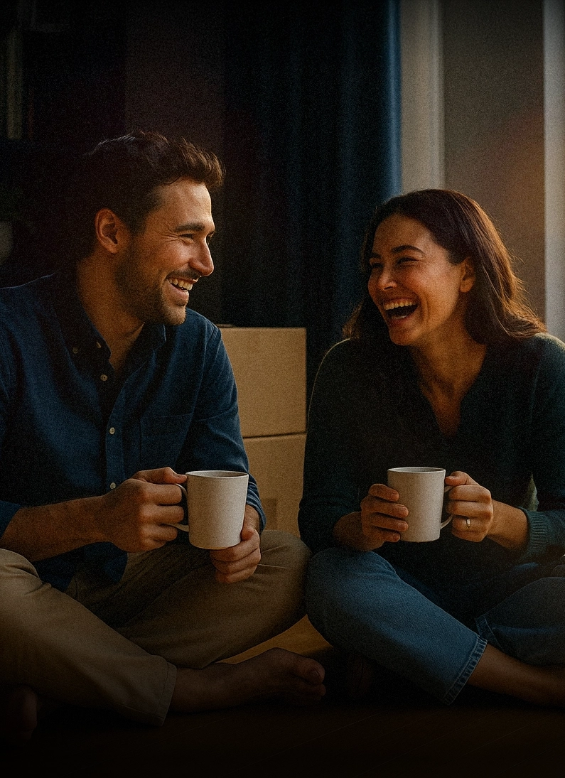 Happy couple with coffee mugs in their new home